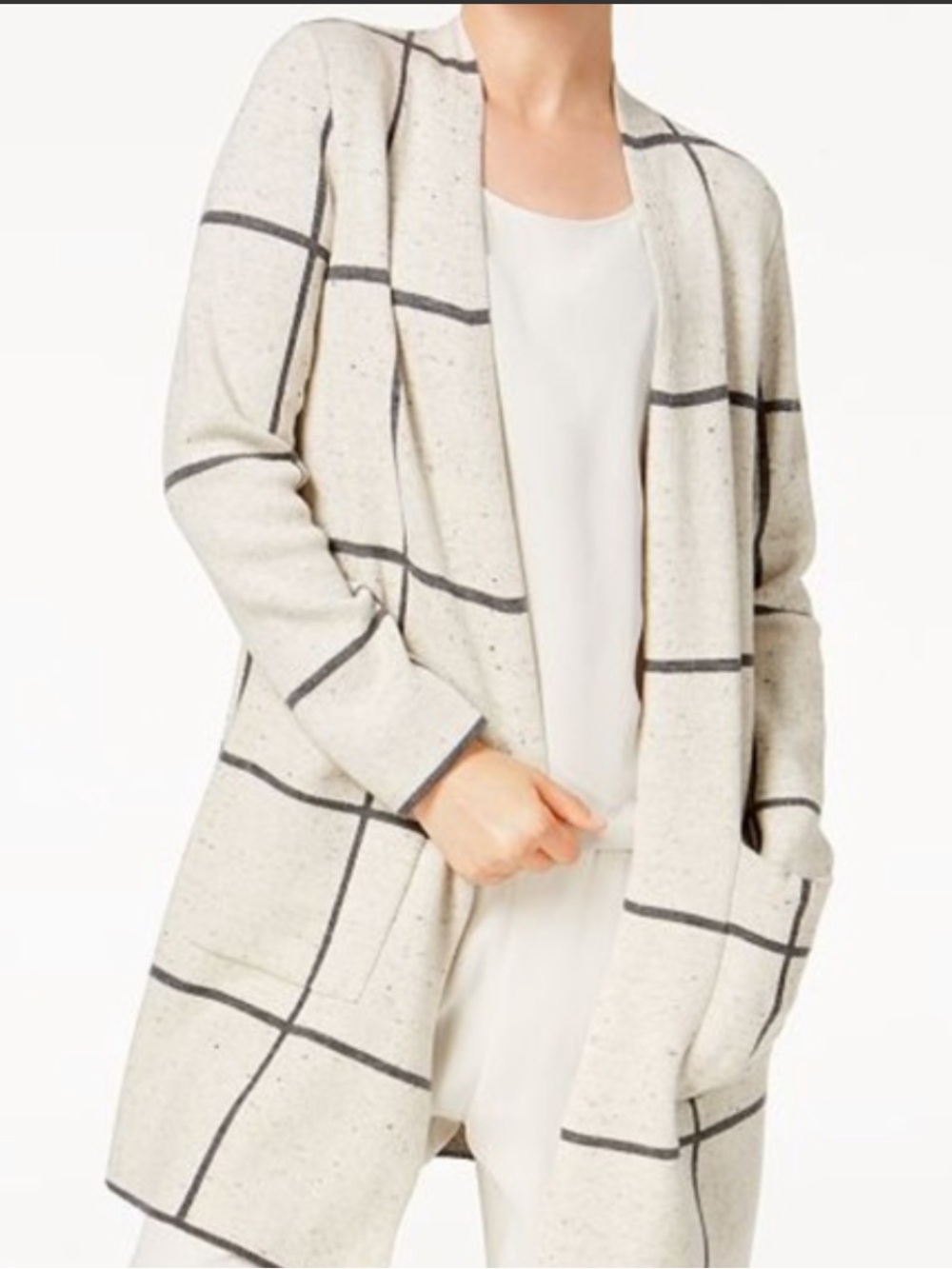 Eileen Fisher Peppered Windowpane Wool Organic Cotton Open Front Cardigan Large - Picture 2 of 8